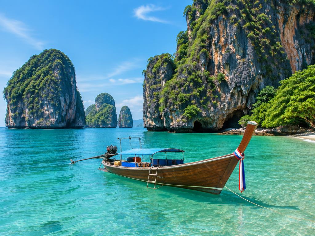 Longtail boat beneath limestone cliffs in Thailand